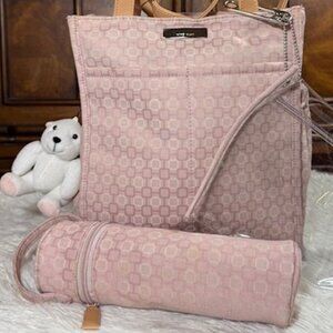 Nine West Pink Geo Canvas Bag + Bear Charm + Bottle Carrier + Clear Clip Pouch